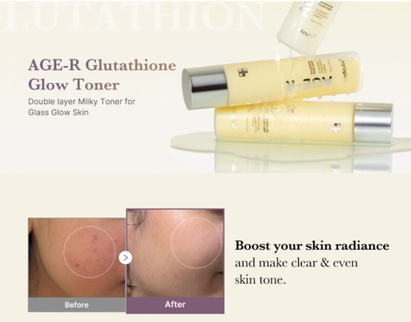 glutathione toner medicube AGE-R Glutathione Glow Toner Medicube AGE-R Glutathione Glow Toner is  formulated with a high content of 99.2% pure glutathione, offering to  brighten dull skin and a 24-hour glow. Price:360gh main image 0
