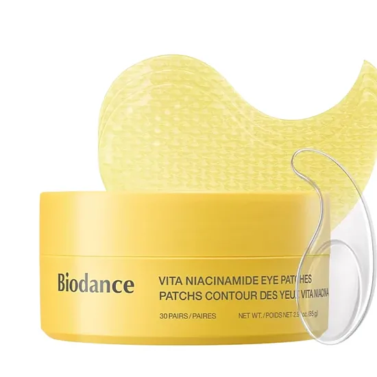 Izgaismojoši hidrogēla acu padi ar niacinamīdu tumšo loku mazināšanai Biodance Vita Niacinamide Eye Patches