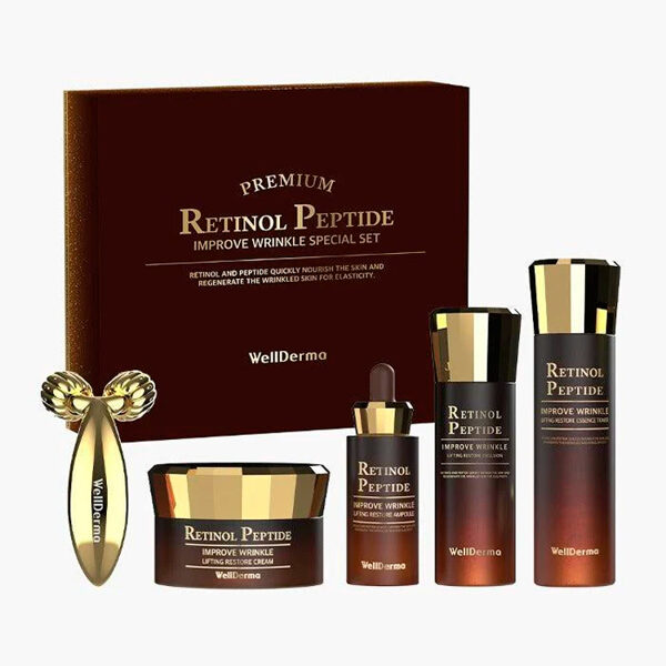 Pretnovecošanās produktu komplekts ar peptīdiem un retinolu Wellderma Premium Retinol Peptide Lifting Restore Special Set